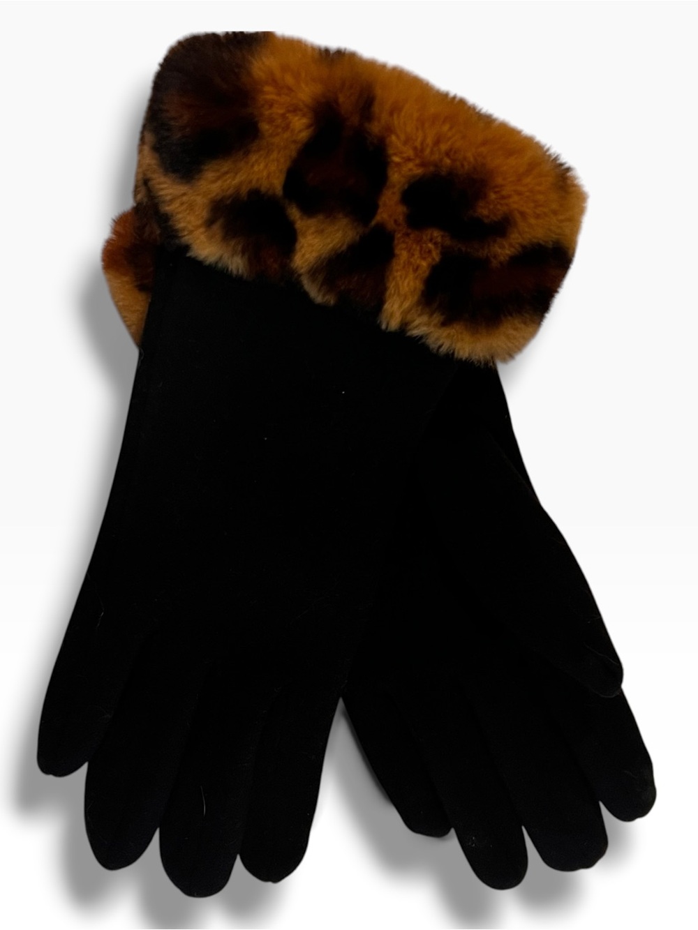 Women's Black Leopard Faux Fur Print Trim Fashion Gloves Touch Screen New! E-5